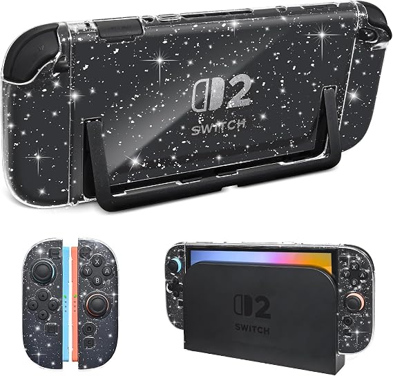 DLseego Glitter Case Compatible with Switch 2 Robust Glitter Clear Protective Case with Soft Silicone Handle Shock Absorption and Split Construction