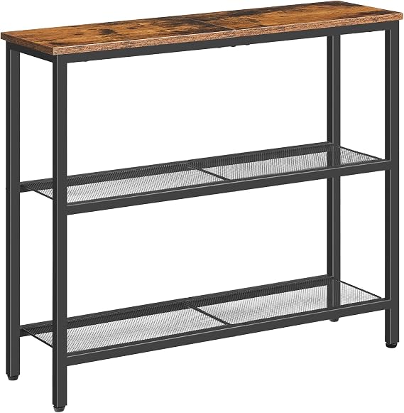HOOBRO Console Table for Hallway Slim, Narrow Console Table, Hallway Table with 3 Shelves, Slim Sofa Table for Small Spaces, Living Room, Metal Mesh Frame, Rustic Brown and Black EBF73XG01