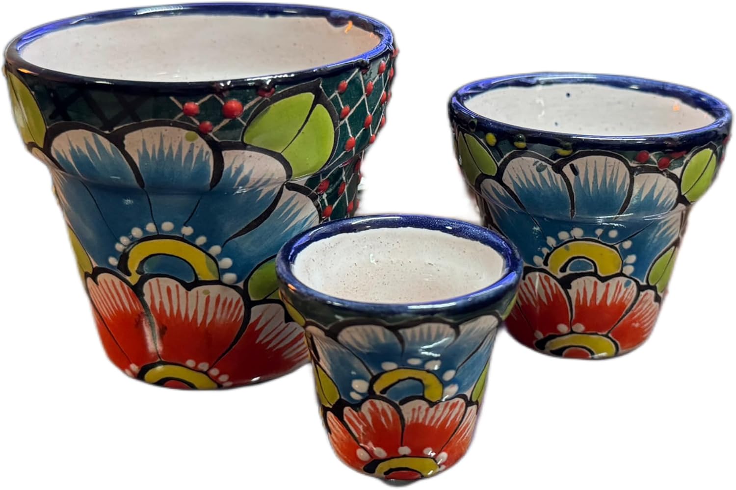 Mini Mexican Pottery Planters Flower Pot Painted Succulent Plant Pots, Talavera Pottery Style Hand Painted Multicolor 3 Piece Set (Round Green)