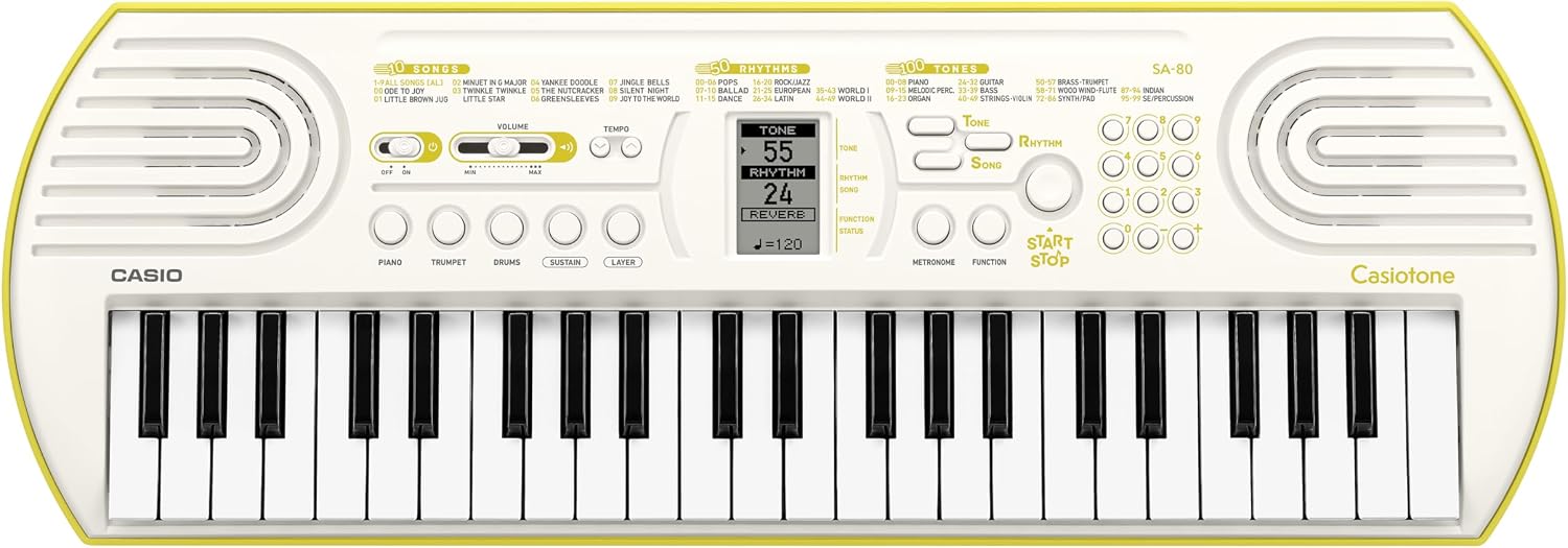 Casio SA-80H5 Mini-Keys 44 key keyboard in White with lime green base and Rhythm Warriors animated online lessons