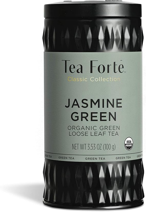 Tea Forté Jasmine Green, Thé Vert au Jasmin Bio Gourmet - Boite à Thé Aluminium réutilisable - 100g