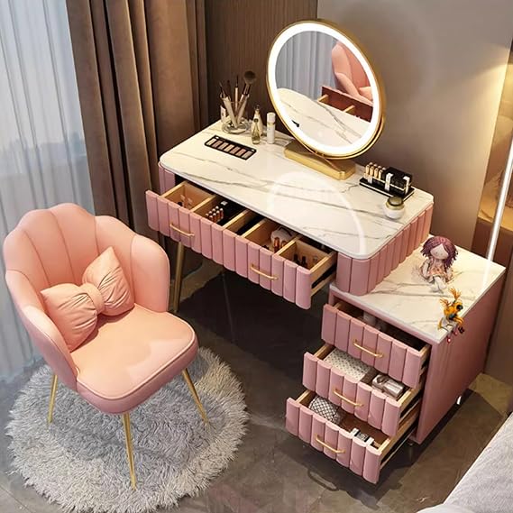 Toilet - Makeup Table with LED Mirror and Stool, 5 Solid Wood Drawers, Station with Velvet Chair for Bedroom, Living Room (Pink, 100)