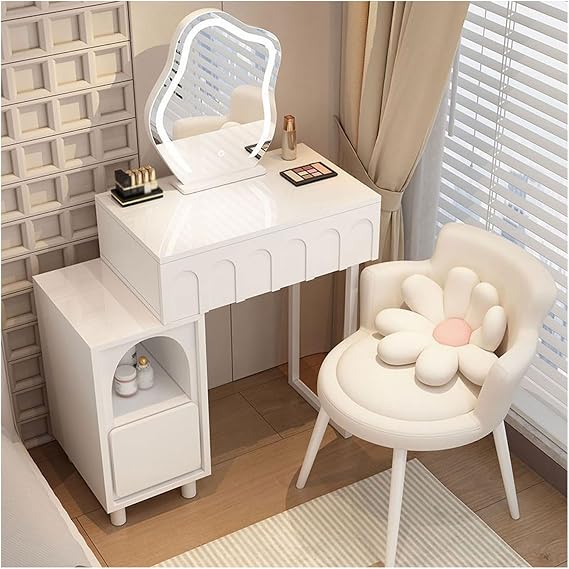 White Dressing Table with Vanity Cushioned Stool, Vanity Desk with 3-Color Touch Screen Dimmable Mirror, Makeup Vanity Table Set with Drawers Cabinet for Makeup(C 70cm)