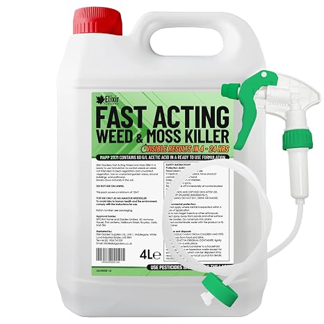 Elixir Gardens 4 Litre Fast Acting Glyphosate-Free Weed & Mosskiller | Child and Pet safe Organic & Natural Ready-to-Use Acetic Acid Formula 60g/l | Results in 24 Hrs | 4 L with Spray Head & Hose x 1