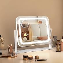 Ratsamee Vanity Mirror with Lights,35 x30 CM Led Makeup Mirror with 3 Color Dimmable Lights, Smart Touch Screen Control, 360°Rotatable,14"×12" White