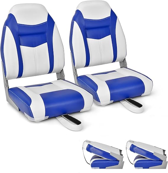COSTWAY Foldable Boat Chairs, Low/High Back Fishing Seat with 10cm/15cm Thick Cushion, Long Fixation Strap and Ergonomic Backrest (High Back, 10cm Thich Cushion, Blue, 2 Pcs)