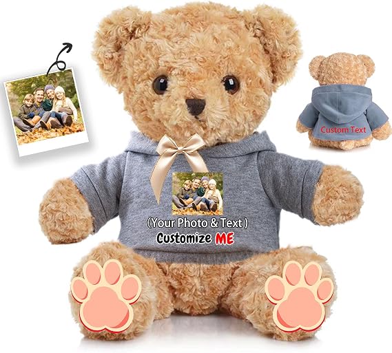 Personalised Teddy Bear for Her Him, Brown Bear Stuffed Plush Toys with Text+Photo, Personalised Gifts Bear with Bow as Gifts for Christmas Valentines Day Birthday (12 inch-Text+Photo)