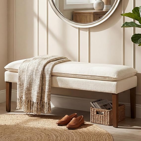 Ottoman Bench,End of Bed Entryway Dining Bench,Wood Legs,White