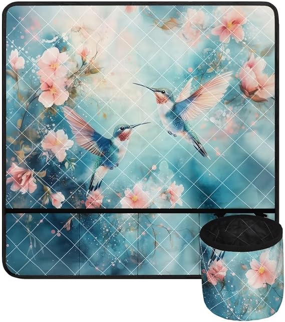 Sewing Machine Mat for Table Teal Hummingbirds Cherry Blossoms Non Slip with Pockets to Reduce Vibration for Most Sewing Machines Home Decor