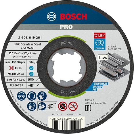 Bosch Professional 10 Adet Düz Kesme Diski Standart (Inox, X-LOCK, Ø115 mm, Delik Çapı: 22,23 mm, Kalınlık: 1 mm), Ø 115 mm