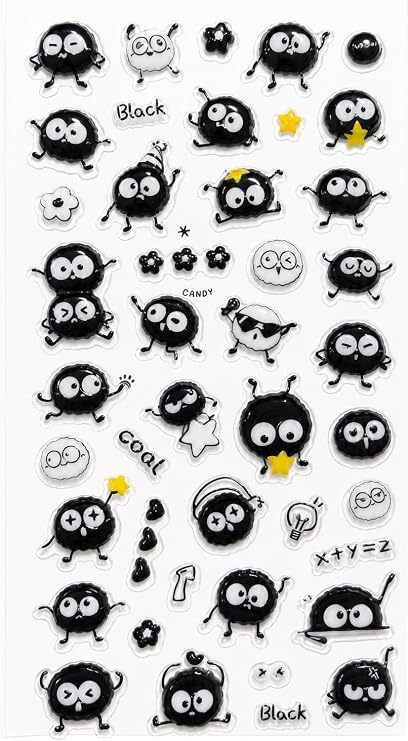 Kendinden Yapışkanlı Kabartmalı Sticker Seti – Sevimli Kömür Emoji Karakterli Dekoratif Çıkartma