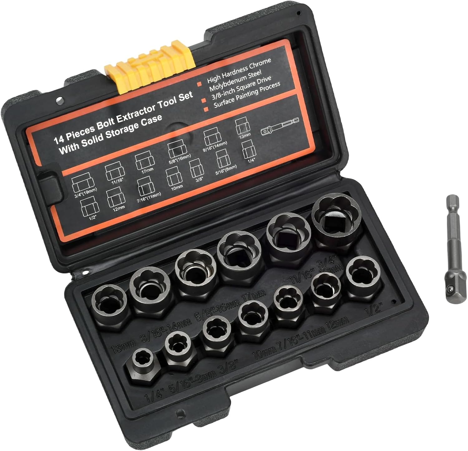 14pc Bolt &amp; Nut Extractor Socket Set - 38" Drive for Broken, Stripped, Rusted Bolts - High Hardness Chrome Molybdenum Steel - Includes Power Drill Adapter &amp; Storage Case