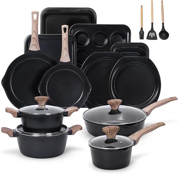 19 Piece Pots and Pans Set Non Stick, Kitchen Cookware and Bakeware Set, Induction Hob Pan Set, Saucepan Set with Lids, Frying Pans, Muffin Tray & Utensils