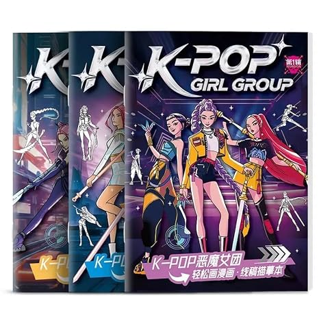 K-Pop Demon H – Pack 3 Libros para Colorear | Libro de Dibujo Lineal y Pintura DIY | Ilustraciones Estilo K-Pop Girl Group | Libros Creativos para Colorear y Dibujar