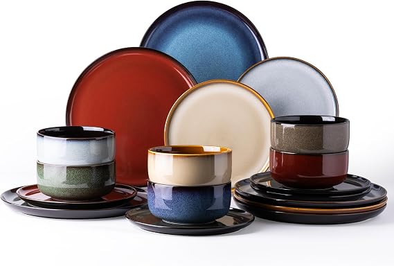 LeRatio Ceramic Dinnerware Sets for 6,18Pcs Porcelain Plates and Bowls Set