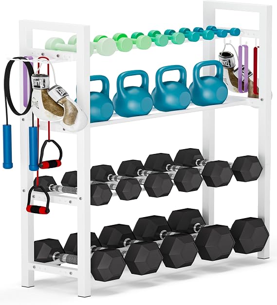 Adjustable Dumbbell Rack, Weight Storage Stand Holder for Dumbbells & Kettlebells, Heavy-Duty Metal Home Gym Workout Organizer with Hook for Gym Equipmen Accessories (Rack Only)