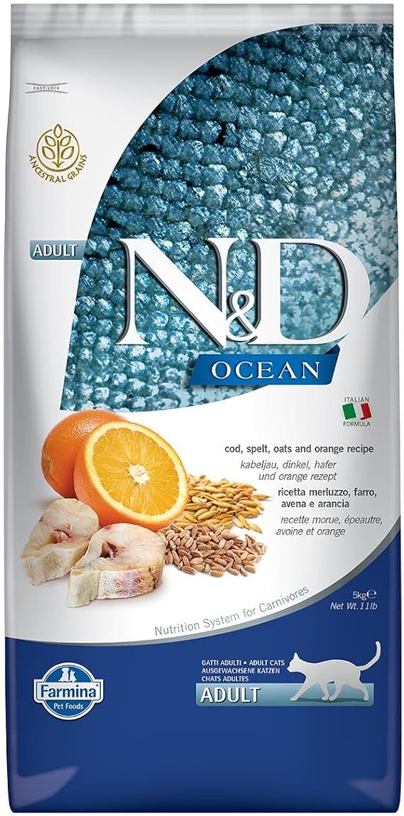 N&D Ocean Kuru Kedi Maması, Morina Balığı, Kılçıksız Buğday, Yulaf ve Portakallı, Yetişkin, 5 kg