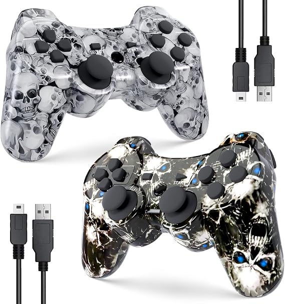 Zeion PS3 Controller Wireless, Gaming Remote Joystick for Playstation 3 with Charger Cable Cord (Black Ghost, White Skull)