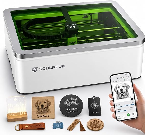 SCULPFUN E1 Pro Enclosed Laser Engraver, 21000mW Diode Laser Cutter, Class 1 Laser Engraving Machine with AI Camera, Air Assist & Honeycomb
