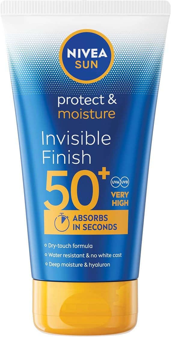 NIVEA SUN Protect & Moisture Invisible Finish Sun Cream SPF50+ (150 ml), Sun Lotion with Vitamin C and Hyaluron, 48H Moisture and Immediate UVA/UVB Protection, No White Cast Ultralight Formula