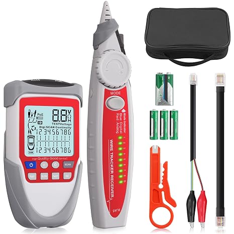 XUNTOP Wire Tracker Cable Finder, LCD Network Cable Tester | Real-Time POE & Voltage Testing, Support Network Cable CAT5, CAT5e, CAT 6, CAT 7 CAT 8, Storage Bag Included
