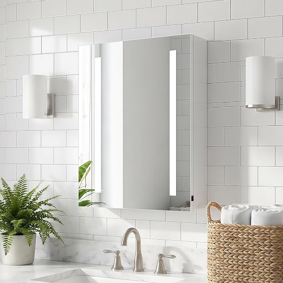 Battery Operated LED Mirror Cabinet - Wall Mounted Mirror Cabinet with Storage Compartment 4 mm Copper-free Mirror Soft LED Lighting Rocker Switch White 40 x 60 cm (Batteries Not