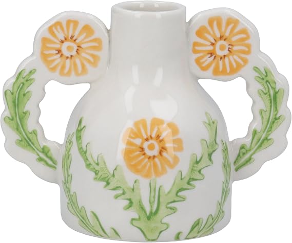 Gisela Graham Marigold Patterned Stoneware Candle Holder, White with Yellow Floral Design