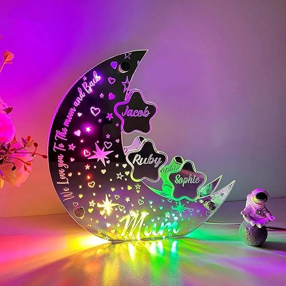 Customized LED Mirror Moon Light, Personalized Acrylic Light with Child's Light, 12 Color wall Mounted LED Star and Moon Jewelry(9.4x10inch/24x25.5cm) [Energy Class A]