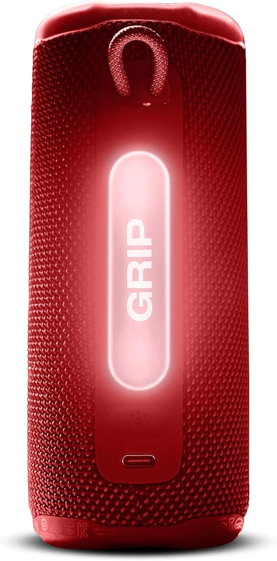 JBL Grip, Bluetooth hoparlör, Kırmızı, JBL Pro ses, AI Sound Boost, IP68 su geçirmez ve toz geçirmez, ambiyans aydınlatması, 14 saate kadar çalma süresi, Auracast çoklu hoparlör bağlantısı, JBL