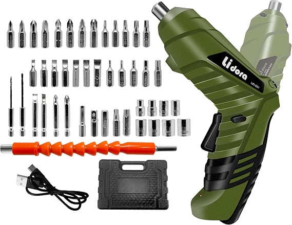 MTK Electric Screwdriver 47-Piece Set Electric Drill Driver with Forward and Reverse Switching LED Light Compact Tool USB Charging Cable Included LID-C01 Moss Green