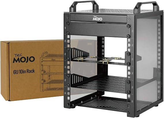 Tecmojo 10 Inch 6U Mini Desktop Rack, 200mm Deep with SBC Tray, Micro HDMI to HDMI Adapter Plate and Blind Cover, for AV Devices, NAS and 10" Servers, Black