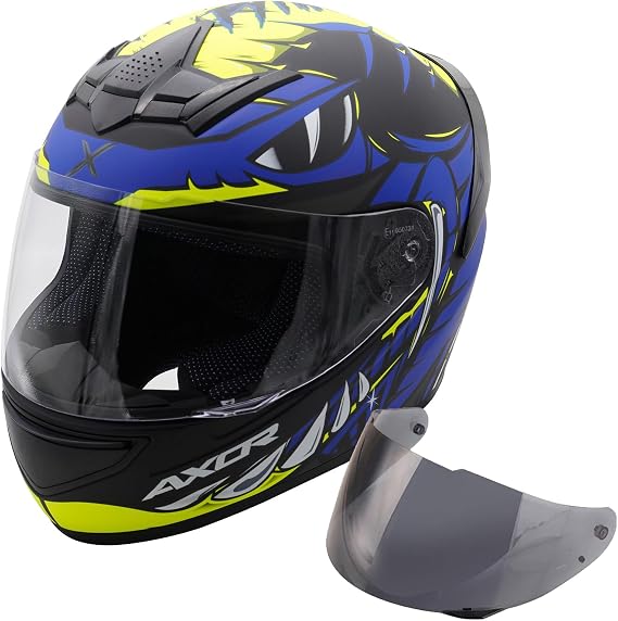 Motorcycle Full Face Crash Helmet Motorbike Scooter Free Smoked Visor Axor Rage Python Blue Yellow Black Matt