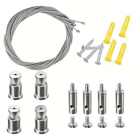 4 Pack Adjustable Stainless Steel Suspension Kit for Lights (0-2m) - 1.5mm Wire Rope with Eyelets, 20kg Load Capacity - Ceiling Mounting Kit Included (Silver 2M)