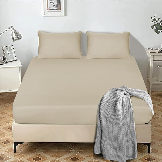 My home store Fitted Sheet 25 cm Deep Brushed Microfiber Ultra Soft No-Iron Wrinkle-Resistant Plain Dyed Fitted Bed Sheets Hypoallergenic Breathable Sheets (Beige, Double)