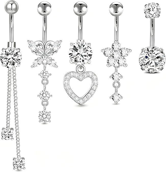 5pcs Dangly Belly Button Bars, Stainless Steel Dangly Belly Button Ring, Hypoallergenic Navel Piercing Jewelry For Women, Titanium Belly Bars, Belly Button Piercing for Womens Girls