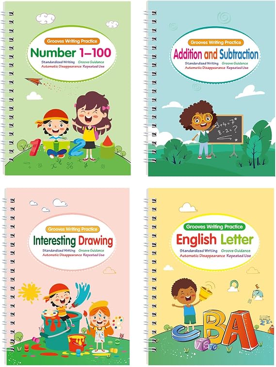 4Pcs Magic Grooved Reusable Writing Practice Book Tracing Copybook for