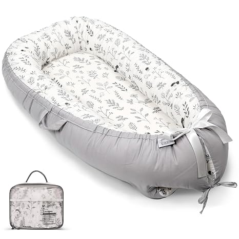 EAQ Baby Nest Cot Bumper Baby Soft Breathable Baby Bed for Newborn Gift 100% Cotton Baby First Equipment Newborn (Leaves Light Grey)