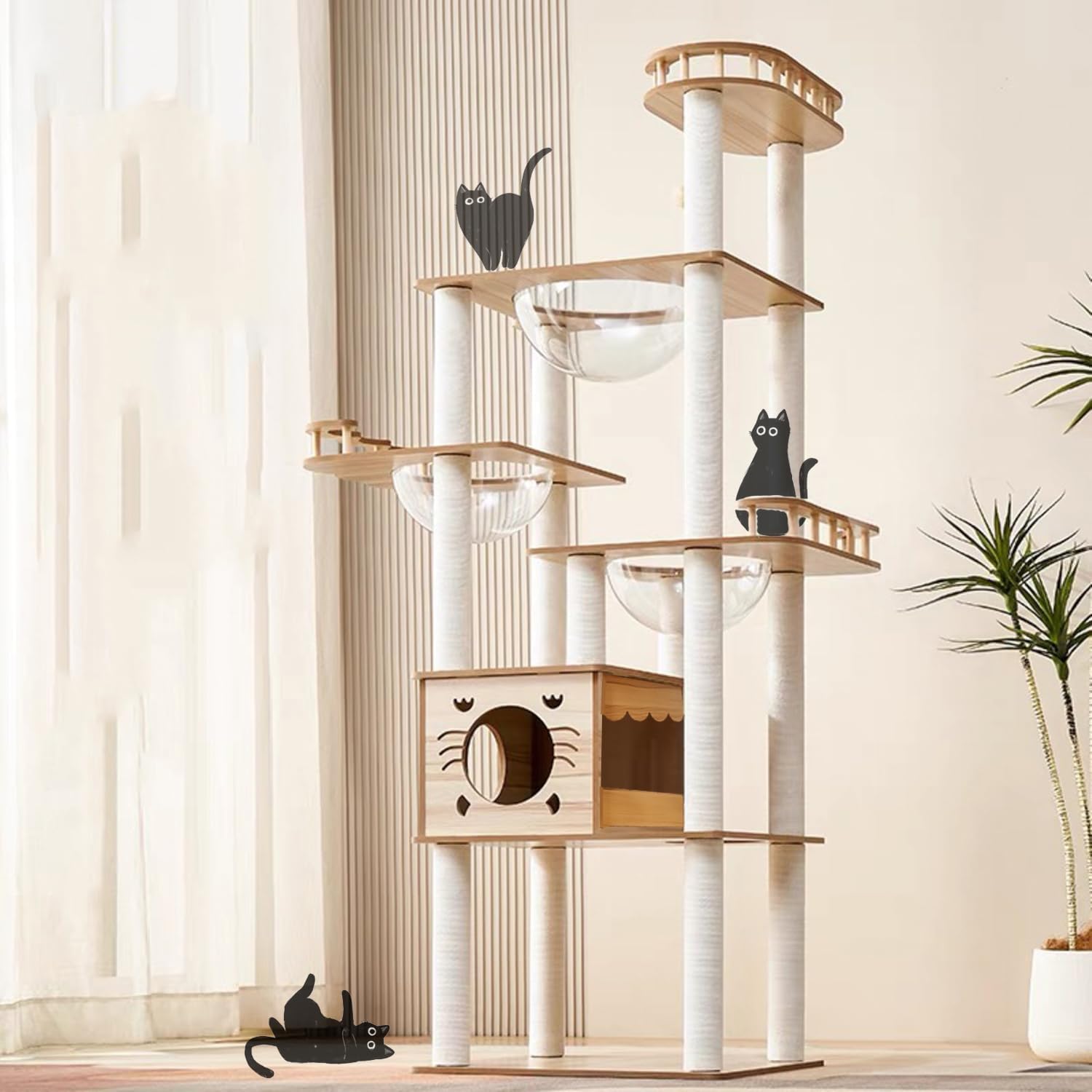 Mdpetpops Cat tree - 185CM Cat tree for indoor cats with 14 White Scratching Posts, 1 house,3 Transparent space capsule,3 Perches, 1 Caves,Wooden cat treeLog color 8782