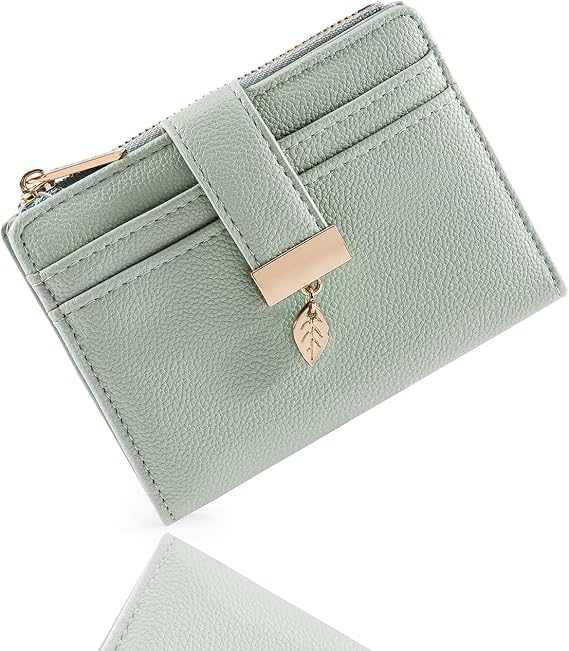 Pomelo Best Women's RFID Wallet - Vegan Leather Bi-fold Small Ladies Purse with Zipper Coin Pocket & ID Window - Leaf Charm Compact Wallet for Women