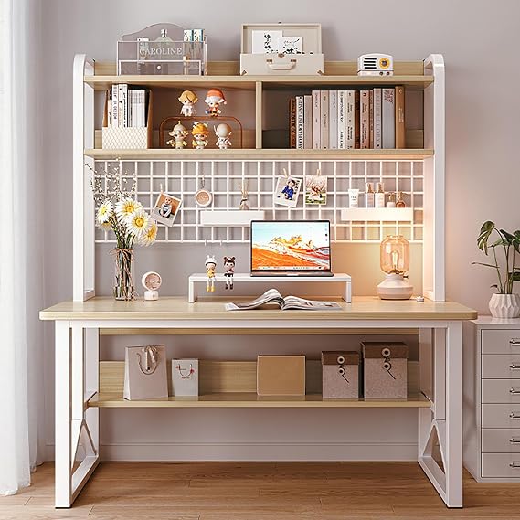 Modern Writing Desk with Hutch Computer Workstation & Display Shelf Study Table for Home Office Wood Design 47"x24"x59" (120x60x149cm) Stylish & Functional