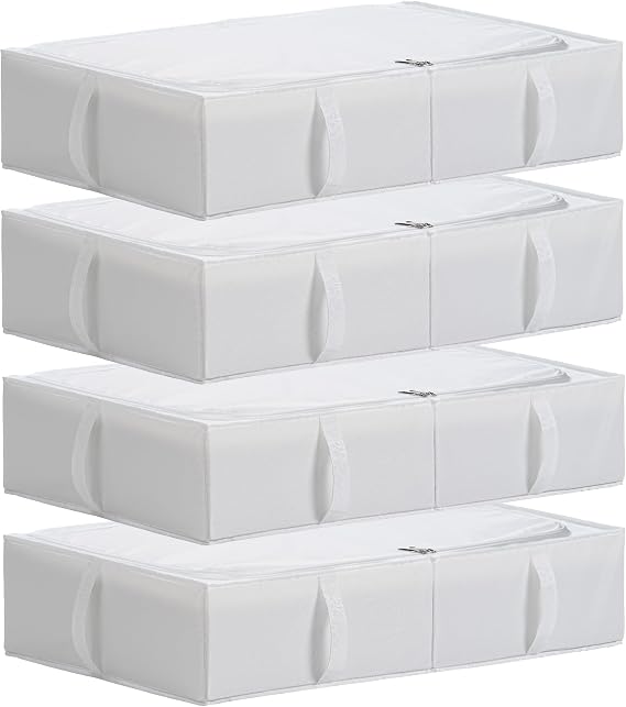 TYEERS Under Bed Storage Box with Lid, Durable Fabric, Washable, Collapsible, Under Bed Storage for Clothes, Blankets, Sheets, Shoes, 70x42x18 cm, 4-Pack, White