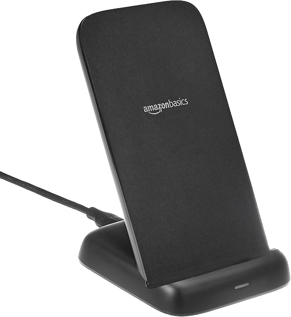 Amazon Basics 10W Qi Certified Wireless Charging Stand, for Phone 16/15/14/13/12/11/X, Samsung, and More, with USB Cable (No AC Adapter), Black