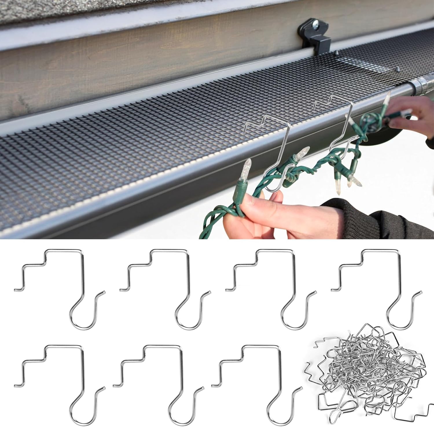 52PCS Gutter Light Hooks Clips, Christmas Lights Metal Gutter Hang Clips for Hanging Outdoor Lights, Gutter Guards Grid Hooks for Christmas Halloween Bulb Ornament Hanger Outside Decor