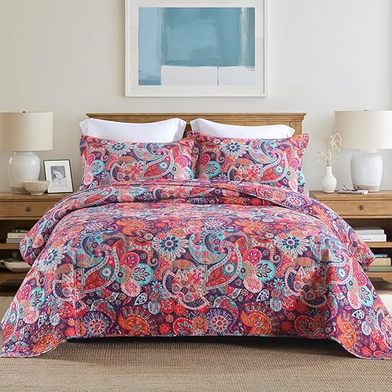VISIMISI Cotton Bedspread Quilt Sets Reversible Bedding Coverlet Sets Comforter Paisley Floral Bohemian Bedspread,Bohemian Red Gorgeous Pattern,Queen Size