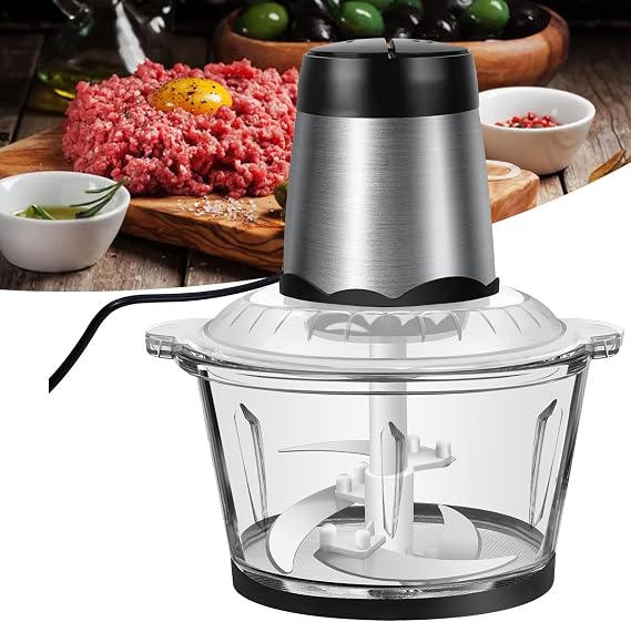 Mini Food Processors with 2L Glass Bowl, Mini Chopper Electric with 4 Bi-Level Blades, Multi-Functional Meat Mincer for Baby Food, Meat, Onion, Vegetables, Nut