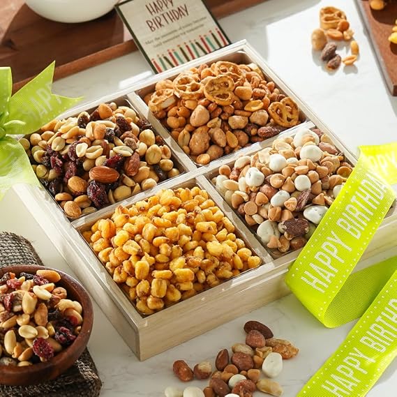 Broadway Basketeers Birthday Nuts Gift Basket Gourmet Nut Box Assortment for Men And Women, Healthy Gift Tray for Celebration
