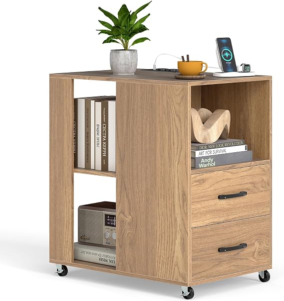 COSTWAY Bedside Table with Charging Station, Rolling Nightstand End Sofa Side Table with 2 Drawers, Storage Shelves and Wheels, Wooden Mobile File Bedside Cabinet for Living Room Bedroom (1, Natural)