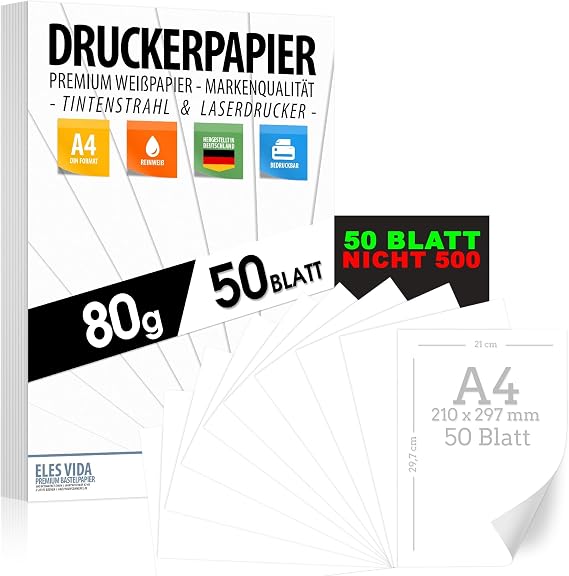 A4 Printer Paper, 80 g, White, 50 Sheets, Premium Pure White Paper, DIN A4, 21 x 29.7 cm, Copy Paper, Laser and Inkjet Printer for University, Photography,