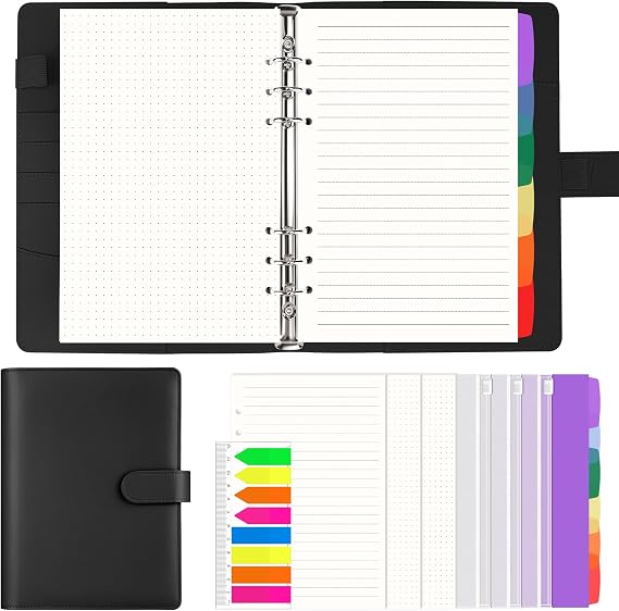 AKONEGE A5 Ring Binder 6 Ring PU Leather Refillable Notebook with 135PCS A5 Refill Papers, 3PCS Binder Pockets, 6PCS Index Dividers, Sticky Tabs, Planner Organizer for Travel Work School, Black