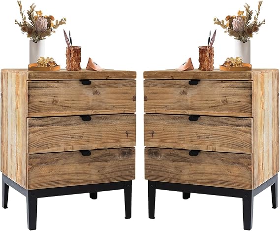 Wnutrees Farmhouse Nightstand Solid Wood Bedside Table with 3-Drawers Bedside End Tables Storage for Living Room, Hallway, Handmade Distressed, Natural, Set of 2
